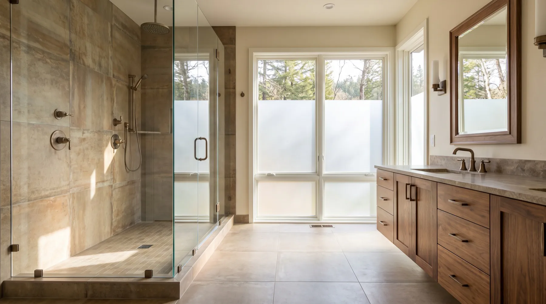 Renovated bathroom with walk-in shower and wood vanity