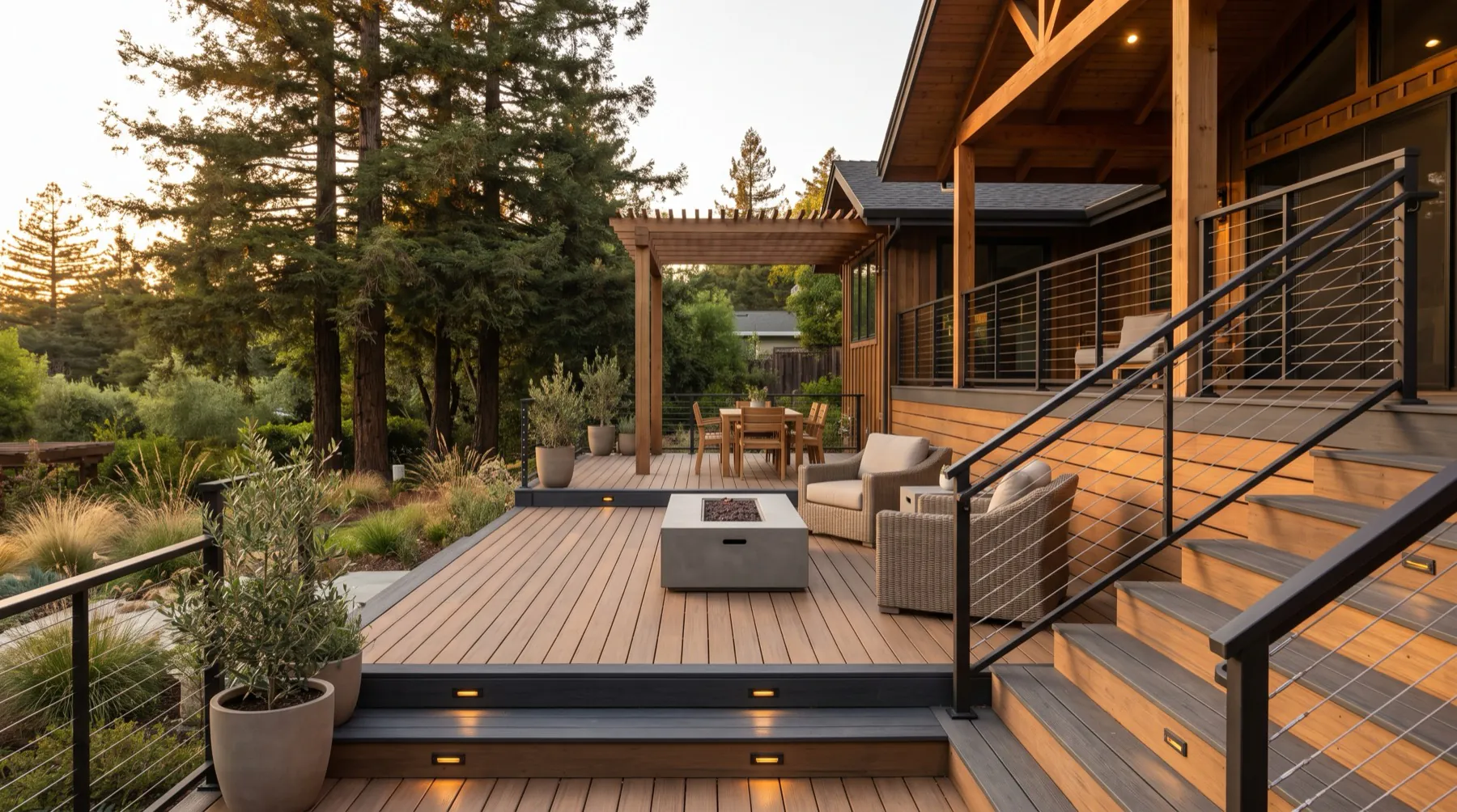 Finished residential deck with stairs and cable railings