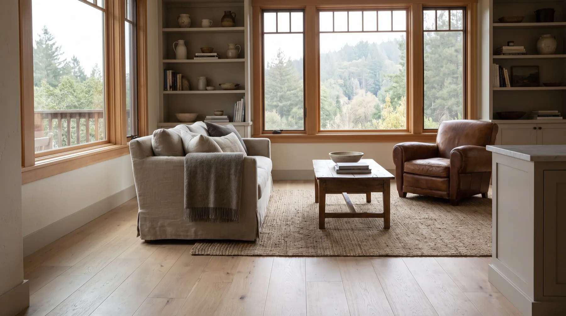 Wide-plank wood flooring in a renovated living space