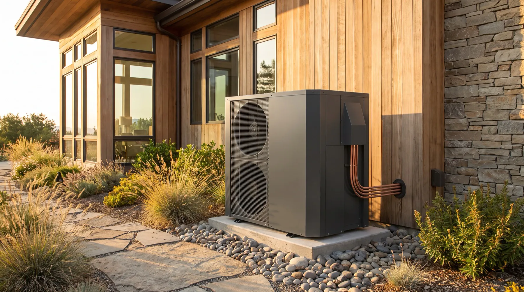 Residential heat-pump condenser beside a modern home