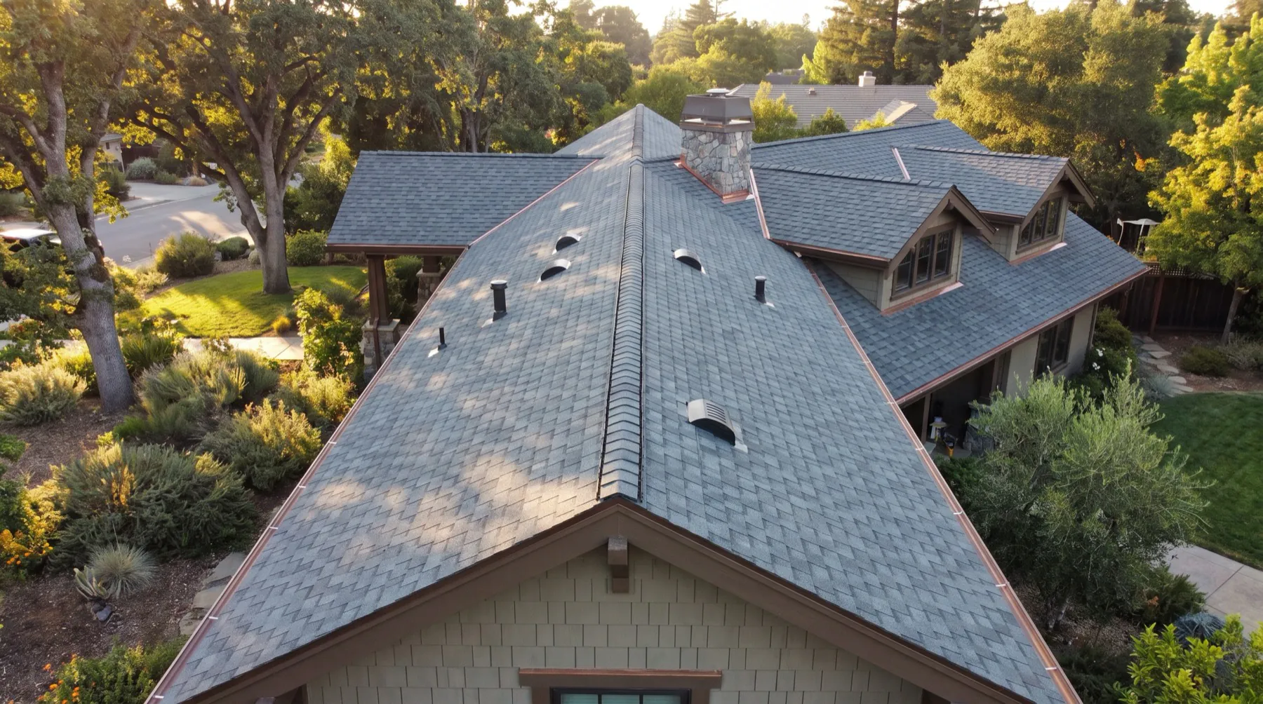 Finished dimensional-shingle roof on a Northern California home